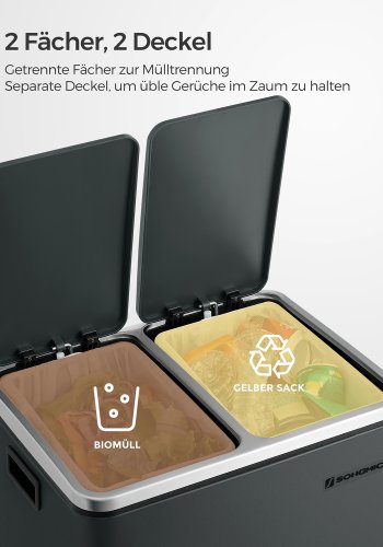 SONGMICS K&ouml;kssoptunna, 2 x 15 l st�lavfallsbeh�llare, v�ningsbeh�llare med innerhinkar och handtag, mjukst&auml;ngning, luktt&auml;tning, antracitgr� LTB30GS