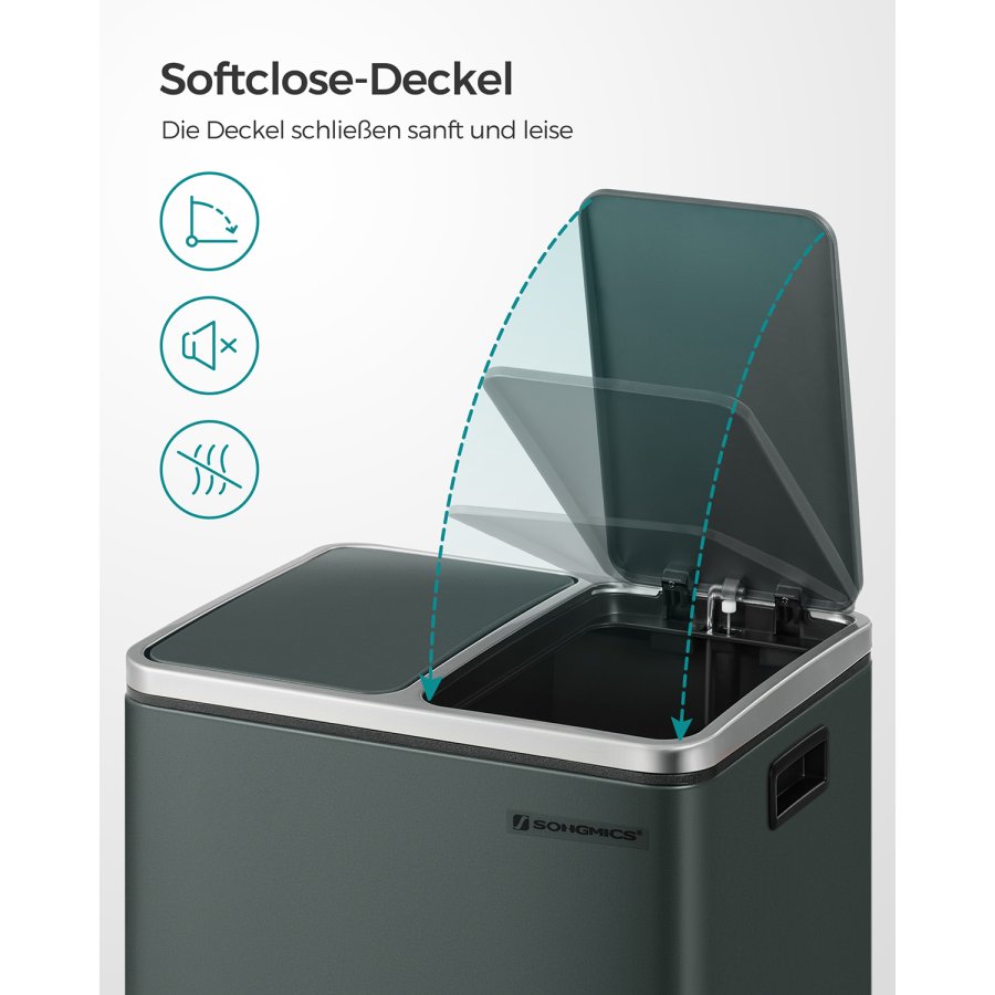 SONGMICS K&ouml;kssoptunna, 2 x 15 l st�lavfallsbeh�llare, v�ningsbeh�llare med innerhinkar och handtag, mjukst&auml;ngning, luktt&auml;tning, antracitgr� LTB30GS