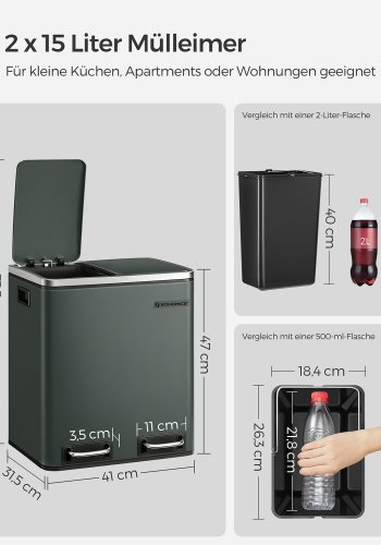 SONGMICS K&ouml;kssoptunna, 2 x 15 l st�lavfallsbeh�llare, v�ningsbeh�llare med innerhinkar och handtag, mjukst&auml;ngning, luktt&auml;tning, antracitgr� LTB30GS
