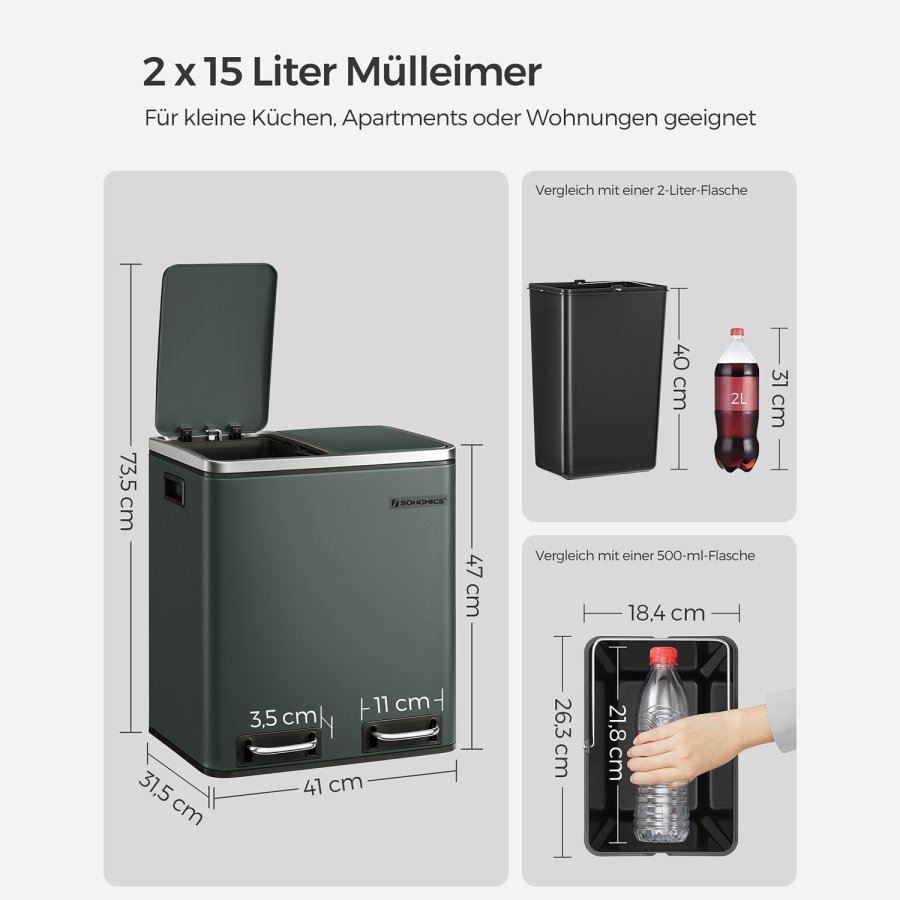 SONGMICS K&ouml;kssoptunna, 2 x 15 l st�lavfallsbeh�llare, v�ningsbeh�llare med innerhinkar och handtag, mjukst&auml;ngning, luktt&auml;tning, antracitgr� LTB30GS