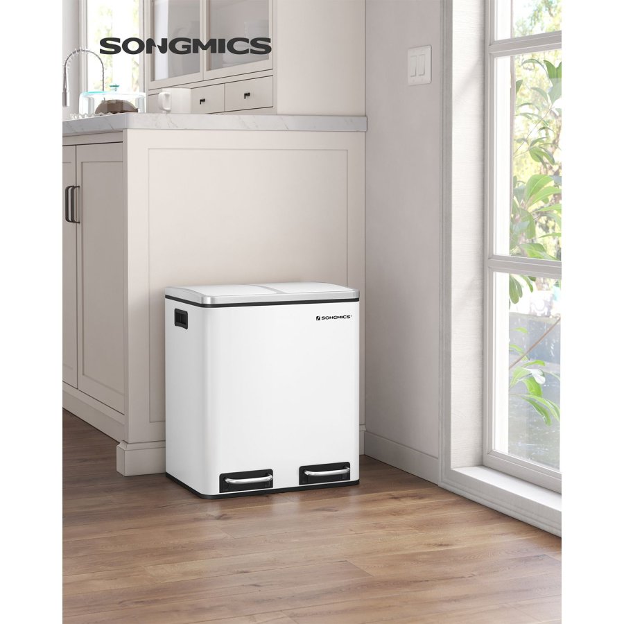 SONGMICS K&ouml;ksavfallsk&auml;rl, 2 x 15 l st�lavfallsk&auml;rl, Stegf&ouml;rsedd beh�llare med innerhinkar och handtag, Mjukst&auml;ngande, Luktf&ouml;rsegling, Vit LTB30WT