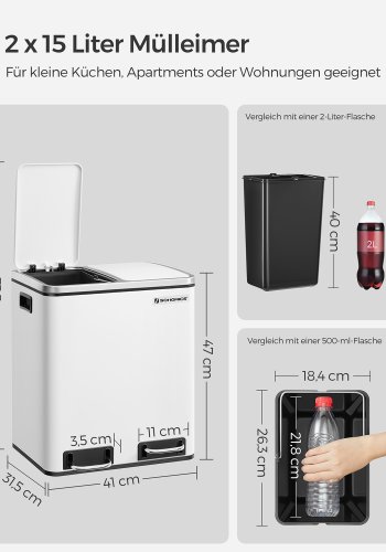 SONGMICS K&ouml;ksavfallsk&auml;rl, 2 x 15 l st�lavfallsk&auml;rl, Stegf&ouml;rsedd beh�llare med innerhinkar och handtag, Mjukst&auml;ngande, Luktf&ouml;rsegling, Vit LTB30WT