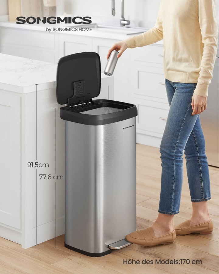 SONGMICS K&ouml;kssoptunna, 18-gallons soptunna i rostfritt st�l, med &ouml;ppet lock och pedal, mjukst&auml;ngande, h&ouml;g, stor och platsbesparande, silver och svart LTB520E68