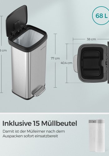 SONGMICS K&ouml;kssoptunna, 18-gallons soptunna i rostfritt st�l, med &ouml;ppet lock och pedal, mjukst&auml;ngande, h&ouml;g, stor och platsbesparande, silver och svart LTB520E68