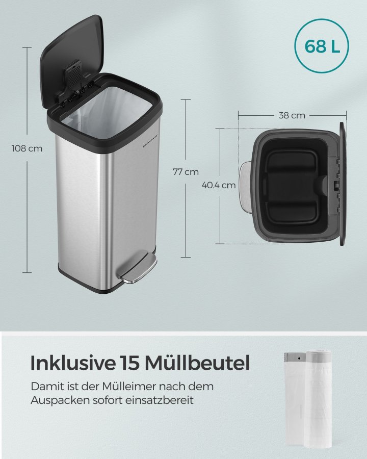 SONGMICS K&ouml;kssoptunna, 18-gallons soptunna i rostfritt st�l, med &ouml;ppet lock och pedal, mjukst&auml;ngande, h&ouml;g, stor och platsbesparande, silver och svart LTB520E68