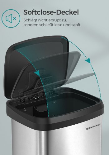 SONGMICS K&ouml;kssoptunna, 18-gallons soptunna i rostfritt st�l, med &ouml;ppet lock och pedal, mjukst&auml;ngande, h&ouml;g, stor och platsbesparande, silver och svart LTB520E68