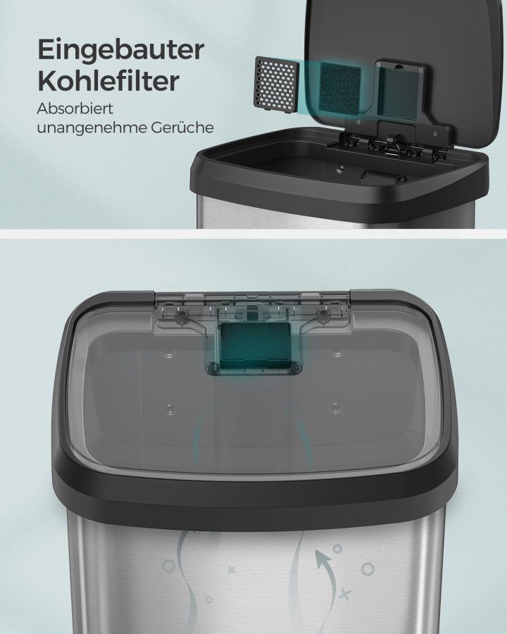 SONGMICS K&ouml;kssoptunna, 18-gallons soptunna i rostfritt st�l, med &ouml;ppet lock och pedal, mjukst&auml;ngande, h&ouml;g, stor och platsbesparande, silver och svart LTB520E68