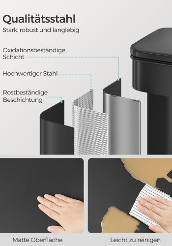 SONGMICS LTB540B4002 stor papperskorg, 40 liter (10,5 gallon), stegformad soptunna med lock, mjukst&auml;ngning, 15 innerp�sar - svart st�l