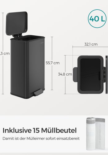 SONGMICS K&ouml;ksavfallsk&auml;rl, 40 liter (10,5 gallon), Stor Stegbeh�llare med lock, St�l, Mjukst&auml;ngning, 15 Innerp�sar, Svart LTB540B4002