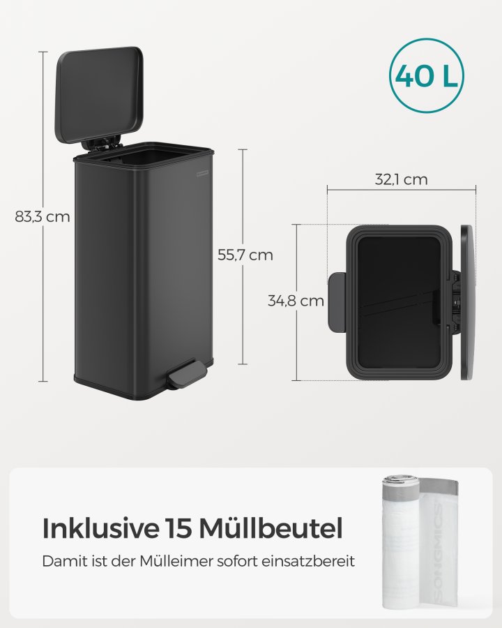 SONGMICS K&ouml;ksavfallsk&auml;rl, 40 liter (10,5 gallon), Stor Stegbeh�llare med lock, St�l, Mjukst&auml;ngning, 15 Innerp�sar, Svart LTB540B4002