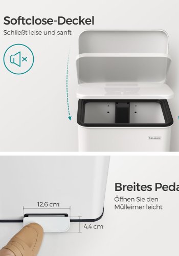 SONGMICS LTB540W4002 40 liters pedalhink i st�l med lock och 15 p�sar, vit