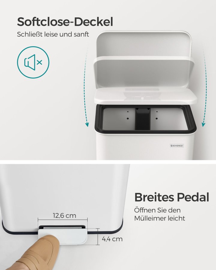 SONGMICS LTB540W4002 40 liters pedalhink i st�l med lock och 15 p�sar, vit