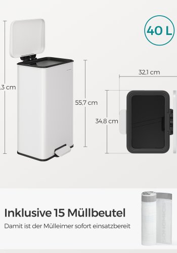 SONGMICS LTB540W4002 40 liters pedalhink i st�l med lock och 15 p�sar, vit