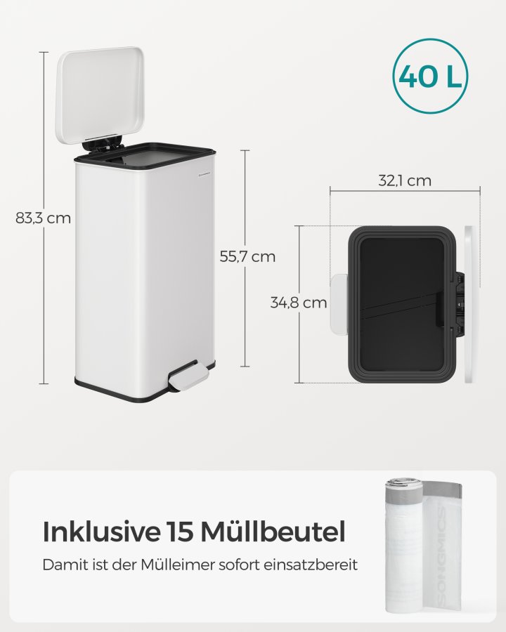 SONGMICS LTB540W4002 40 liters pedalhink i st�l med lock och 15 p�sar, vit