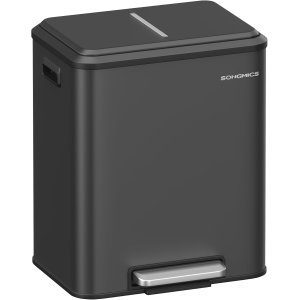 SONGMICS LTB544B02 Avfallssortering 2 x 15 l med lock, k&ouml;ks- och vardagsrumsavfallsbeh�llare, pedaltyp, rostfritt st�l, luftt&auml;t, plastflaska, burkf&ouml;rvaring, ingen insyn, horisontell typ, kraftig