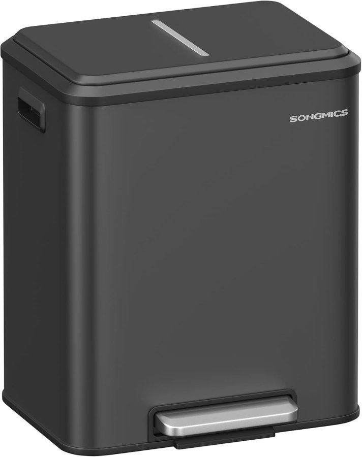 SONGMICS LTB544B02 Avfallssortering 2 x 15 l med lock, k&ouml;ks- och vardagsrumsavfallsbeh�llare, pedaltyp, rostfritt st�l, luftt&auml;t, plastflaska, burkf&ouml;rvaring, ingen insyn, horisontell typ, kraftig