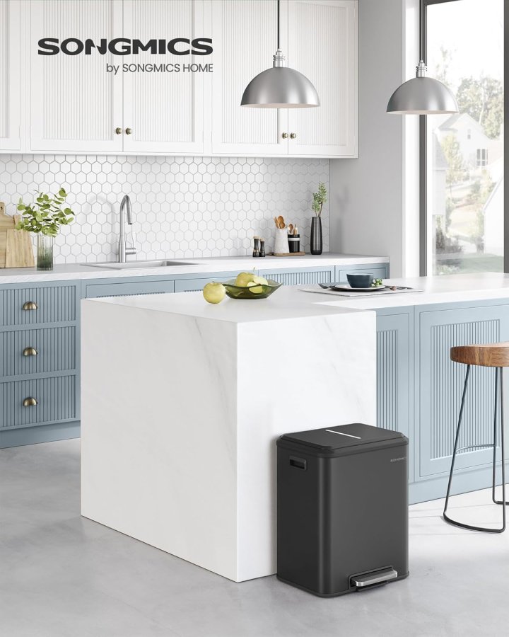 SONGMICS LTB544B02 Avfallssortering 2 x 15 l med lock, k&ouml;ks- och vardagsrumsavfallsbeh�llare, pedaltyp, rostfritt st�l, luftt&auml;t, plastflaska, burkf&ouml;rvaring, ingen insyn, horisontell typ, kraftig