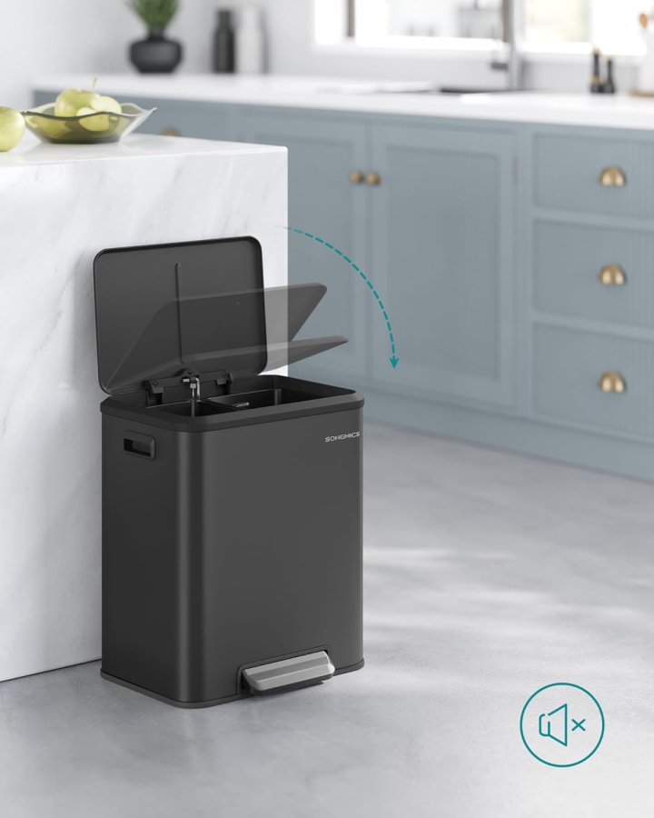 SONGMICS LTB544B02 Avfallssortering 2 x 15 l med lock, k&ouml;ks- och vardagsrumsavfallsbeh�llare, pedaltyp, rostfritt st�l, luftt&auml;t, plastflaska, burkf&ouml;rvaring, ingen insyn, horisontell typ, kraftig