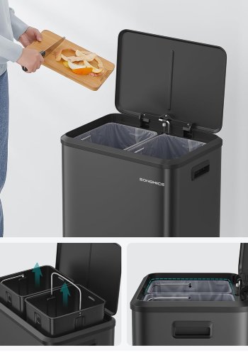 SONGMICS LTB544B02 Avfallssortering 2 x 15 l med lock, k&ouml;ks- och vardagsrumsavfallsbeh�llare, pedaltyp, rostfritt st�l, luftt&auml;t, plastflaska, burkf&ouml;rvaring, ingen insyn, horisontell typ, kraftig