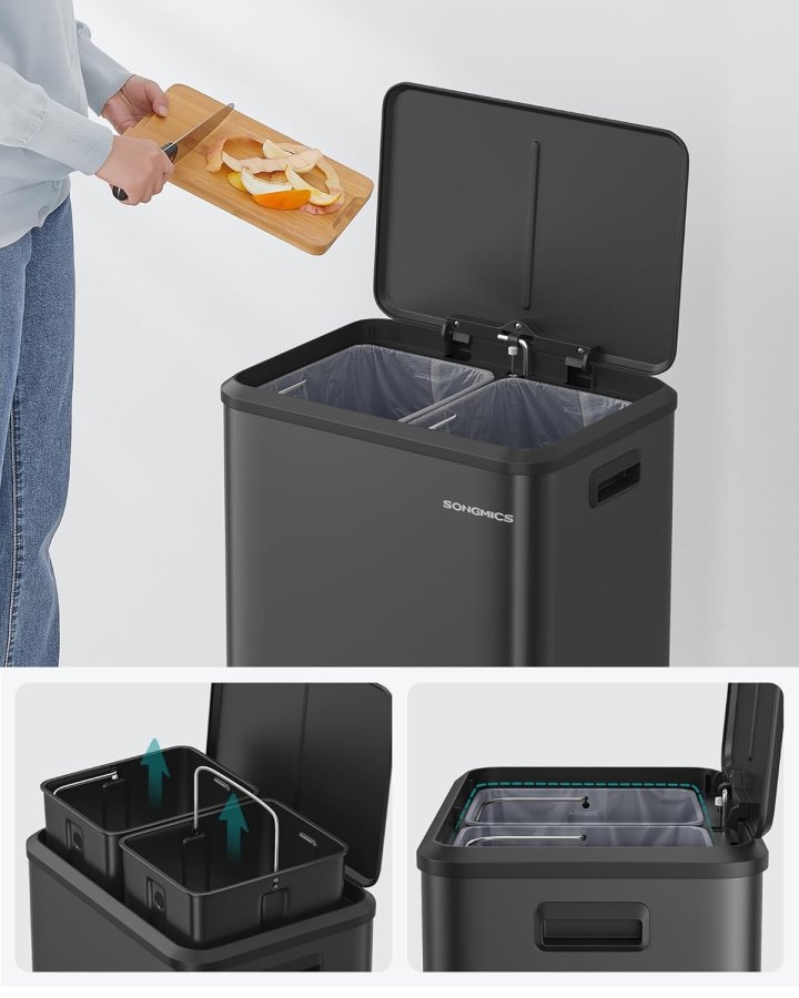 SONGMICS LTB544B02 Avfallssortering 2 x 15 l med lock, k&ouml;ks- och vardagsrumsavfallsbeh�llare, pedaltyp, rostfritt st�l, luftt&auml;t, plastflaska, burkf&ouml;rvaring, ingen insyn, horisontell typ, kraftig