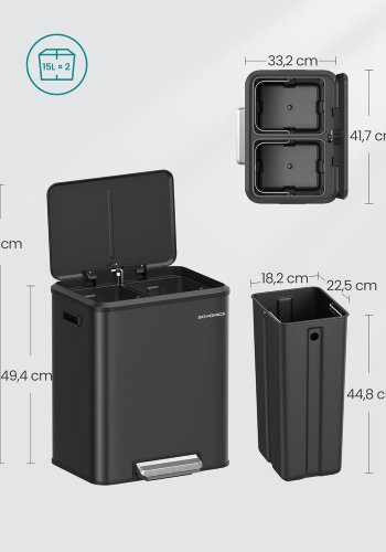 SONGMICS LTB544B02 Avfallssortering 2 x 15 l med lock, k&ouml;ks- och vardagsrumsavfallsbeh�llare, pedaltyp, rostfritt st�l, luftt&auml;t, plastflaska, burkf&ouml;rvaring, ingen insyn, horisontell typ, kraftig