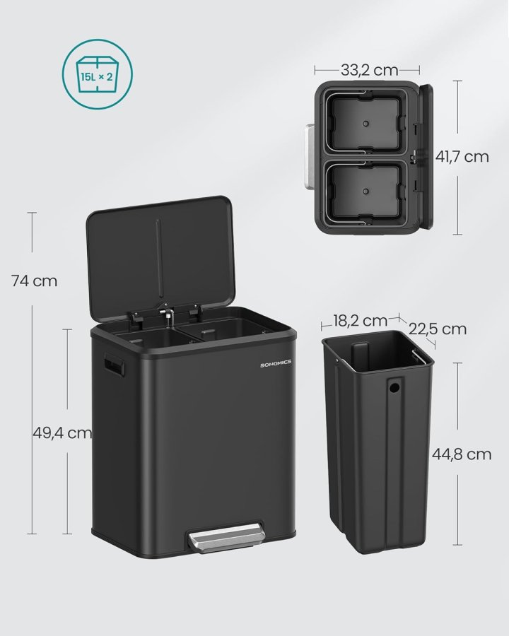 SONGMICS LTB544B02 Avfallssortering 2 x 15 l med lock, k&ouml;ks- och vardagsrumsavfallsbeh�llare, pedaltyp, rostfritt st�l, luftt&auml;t, plastflaska, burkf&ouml;rvaring, ingen insyn, horisontell typ, kraftig