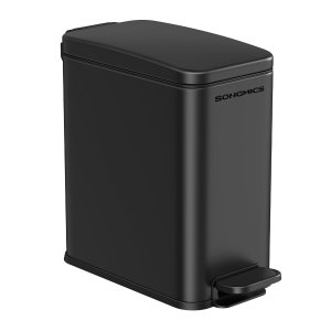 SONGMICS Badrumspapperskorg, 1,3 gallon liten papperskorg med lock, smal f&ouml;r sm� utrymmen, papperskorg i rostfritt st�l, mjukst&auml;ngande, svart ULTB560B05