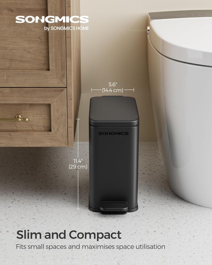 SONGMICS Badrumspapperskorg, 1,3 gallon liten papperskorg med lock, smal f&ouml;r sm� utrymmen, papperskorg i rostfritt st�l, mjukst&auml;ngande, svart ULTB560B05