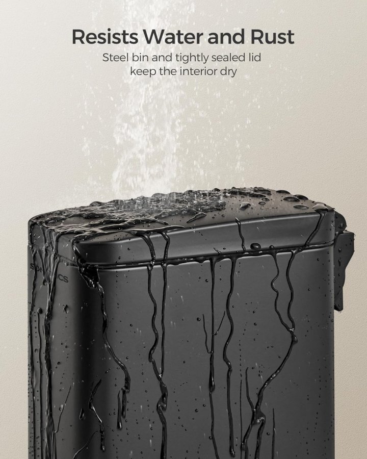 SONGMICS Badrumspapperskorg, 1,3 gallon liten papperskorg med lock, smal f&ouml;r sm� utrymmen, papperskorg i rostfritt st�l, mjukst&auml;ngande, svart ULTB560B05