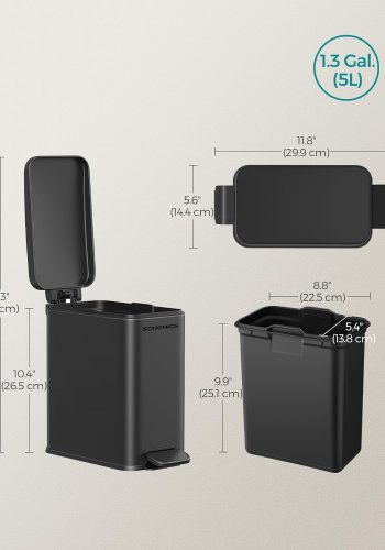 SONGMICS Badrumspapperskorg, 1,3 gallon liten papperskorg med lock, smal f&ouml;r sm� utrymmen, papperskorg i rostfritt st�l, mjukst&auml;ngande, svart ULTB560B05