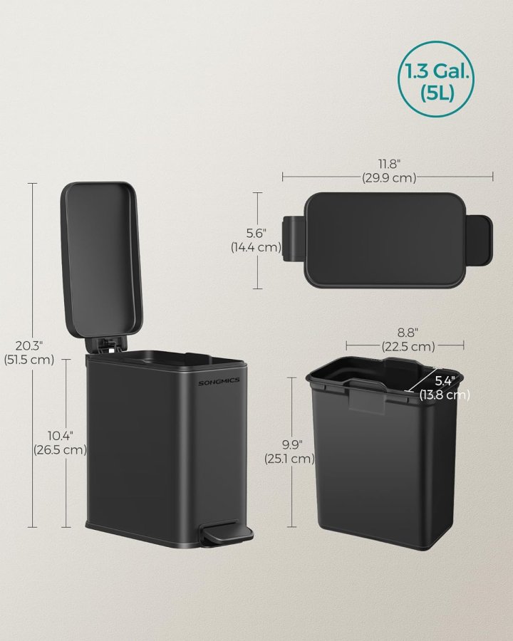 SONGMICS Badrumspapperskorg, 1,3 gallon liten papperskorg med lock, smal f&ouml;r sm� utrymmen, papperskorg i rostfritt st�l, mjukst&auml;ngande, svart ULTB560B05