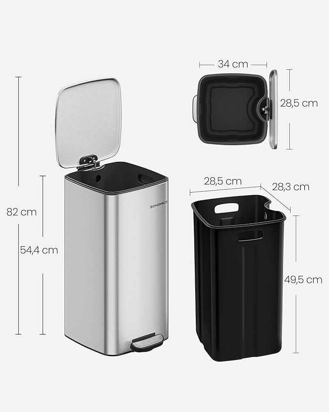 SONGMICS LTB593E01 30 liters pedalhink i st�l med innerhink, mjukst&auml;ngning och &ouml;ppningsgrepp, metallic silver LTB593E01