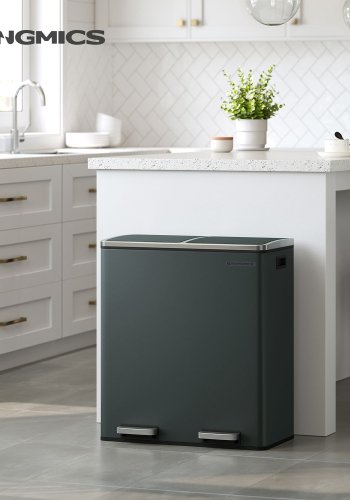 SONGMICS LTB60GS soptunna, 2x30L, med dubbelt fack och 15 avfallsp�sar, innerk&auml;rl av plast, lock, mjukst&auml;ngning, luktt&auml;tning - r&ouml;kgr�tt och svart st�l