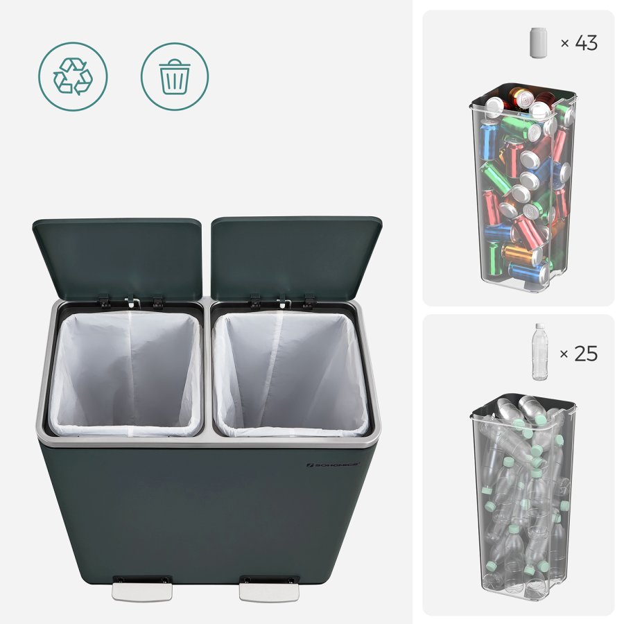 SONGMICS dubbel soptunna, 2 x 30 l k&ouml;ksk&auml;rl med dubbelt fack och 15 sopp�sar, pedaltunna i metall med inv&auml;ndiga plastk&auml;rl och lock, mjukst&auml;ngning, luktt&auml;tning, r&ouml;kgr� LTB60GS