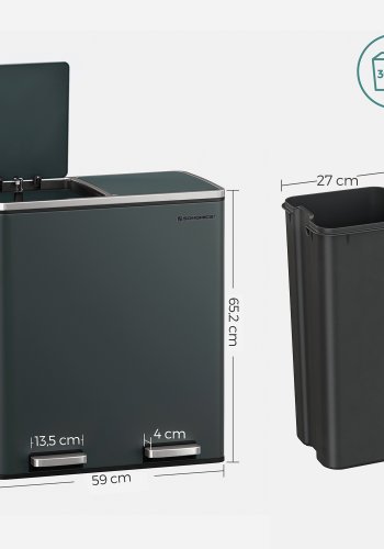 SONGMICS dubbel soptunna, 2 x 30 l k&ouml;ksk&auml;rl med dubbelt fack och 15 sopp�sar, pedaltunna i metall med inv&auml;ndiga plastk&auml;rl och lock, mjukst&auml;ngning, luktt&auml;tning, r&ouml;kgr� LTB60GS