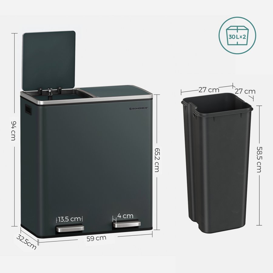 SONGMICS dubbel soptunna, 2 x 30 l k&ouml;ksk&auml;rl med dubbelt fack och 15 sopp�sar, pedaltunna i metall med inv&auml;ndiga plastk&auml;rl och lock, mjukst&auml;ngning, luktt&auml;tning, r&ouml;kgr� LTB60GS