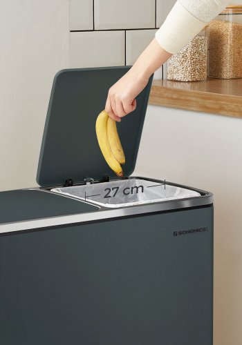 SONGMICS dubbel soptunna, 2 x 30 l k&ouml;ksk&auml;rl med dubbelt fack och 15 sopp�sar, pedaltunna i metall med inv&auml;ndiga plastk&auml;rl och lock, mjukst&auml;ngning, luktt&auml;tning, r&ouml;kgr� LTB60GS