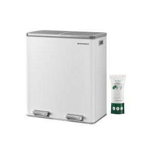 SONGMICS dubbel soptunna, 2 x 30 l k&ouml;ksk&auml;rl med dubbelt fack och 15 avfallsp�sar, pedalk&auml;rl i metall med innerbeh�llare och lock av plast, mjukst&auml;ngning, luktt&auml;tning, vit och silver LTB60WT