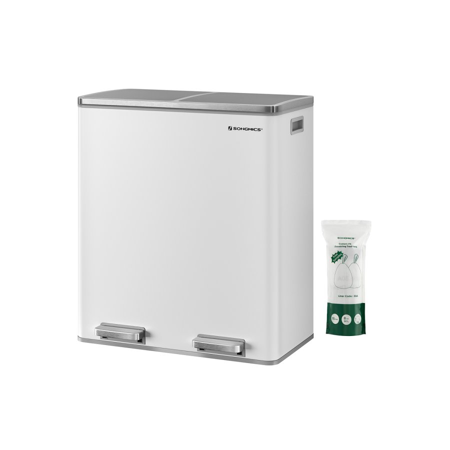 SONGMICS dubbel soptunna, 2 x 30 l k&ouml;ksk&auml;rl med dubbelt fack och 15 avfallsp�sar, pedalk&auml;rl i metall med innerbeh�llare och lock av plast, mjukst&auml;ngning, luktt&auml;tning, vit och silver LTB60WT