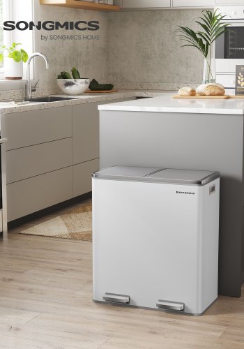 SONGMICS  LTB60WT dobbelt affaldsspand, 2x30L, m. 15 affaldsposer, pedaler, indvendige plastikspande, 2 l�g, bl�d lukning, lugtforsegling - hvid og s�lv st�l