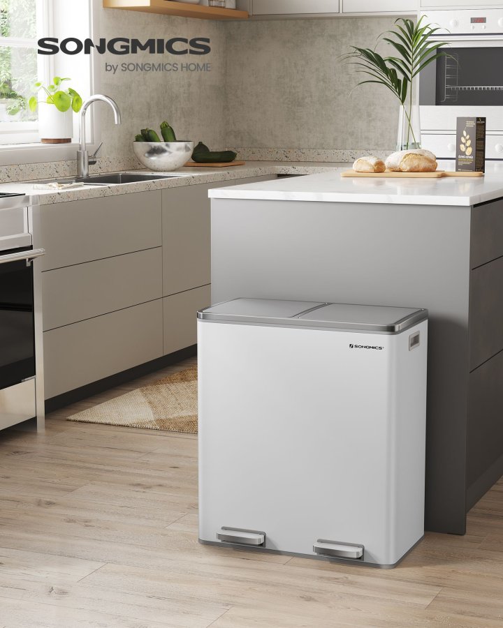 SONGMICS dubbel soptunna, 2 x 30 l k&ouml;ksk&auml;rl med dubbelt fack och 15 avfallsp�sar, pedalk&auml;rl i metall med innerbeh�llare och lock av plast, mjukst&auml;ngning, luktt&auml;tning, vit och silver LTB60WT