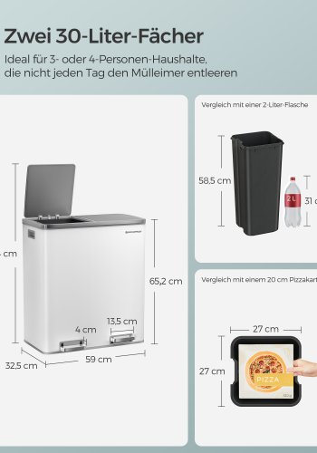 SONGMICS dubbel soptunna, 2 x 30 l k&ouml;ksk&auml;rl med dubbelt fack och 15 avfallsp�sar, pedalk&auml;rl i metall med innerbeh�llare och lock av plast, mjukst&auml;ngning, luktt&auml;tning, vit och silver LTB60WT