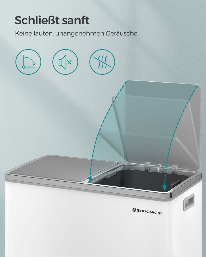 SONGMICS dubbel soptunna, 2 x 30 l k&ouml;ksk&auml;rl med dubbelt fack och 15 avfallsp�sar, pedalk&auml;rl i metall med innerbeh�llare och lock av plast, mjukst&auml;ngning, luktt&auml;tning, vit och silver LTB60WT