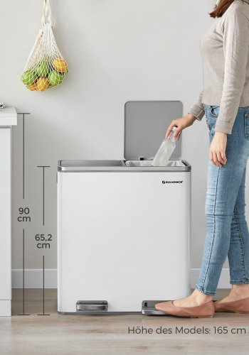SONGMICS dubbel soptunna, 2 x 30 l k&ouml;ksk&auml;rl med dubbelt fack och 15 avfallsp�sar, pedalk&auml;rl i metall med innerbeh�llare och lock av plast, mjukst&auml;ngning, luktt&auml;tning, vit och silver LTB60WT