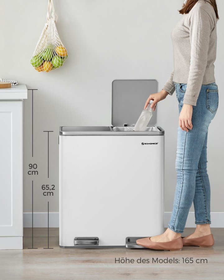 SONGMICS dubbel soptunna, 2 x 30 l k&ouml;ksk&auml;rl med dubbelt fack och 15 avfallsp�sar, pedalk&auml;rl i metall med innerbeh�llare och lock av plast, mjukst&auml;ngning, luktt&auml;tning, vit och silver LTB60WT