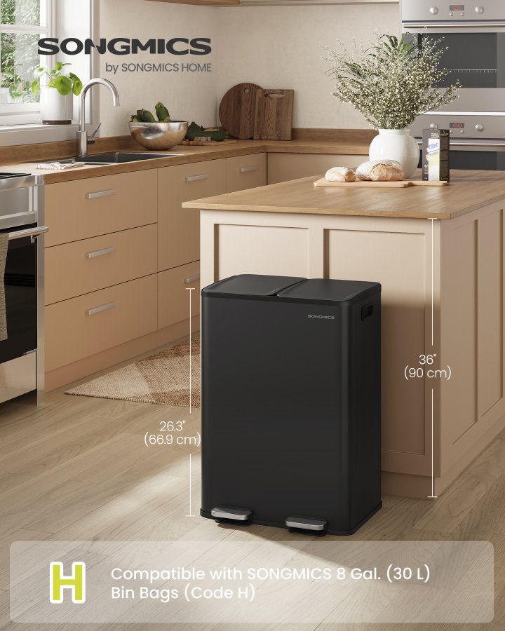 SONGMICS K&ouml;ksavfallshink, 2 x 30 l pedalhinkar med dubbla fack, mjukst&auml;ngande lock och innerhinkar, st�l, inklusive 15 p�sar, bl&auml;cksvart LTB741B02