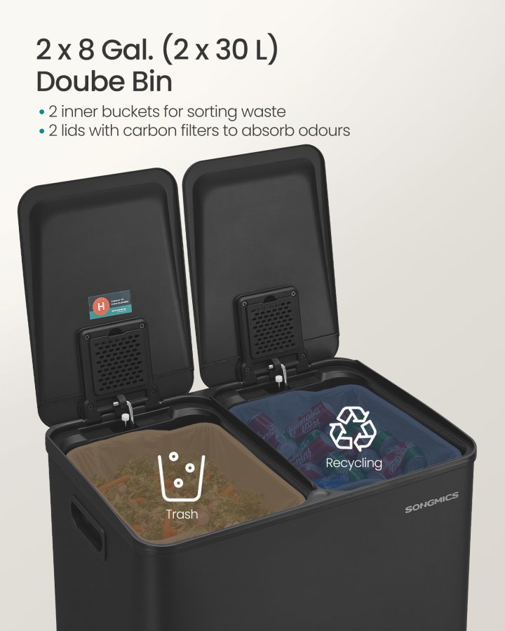 SONGMICS K&ouml;ksavfallshink, 2 x 30 l pedalhinkar med dubbla fack, mjukst&auml;ngande lock och innerhinkar, st�l, inklusive 15 p�sar, bl&auml;cksvart LTB741B02