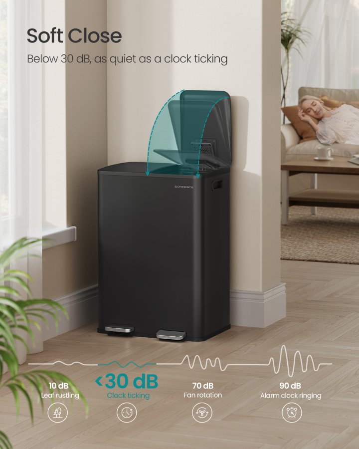 SONGMICS K&ouml;ksavfallshink, 2 x 30 l pedalhinkar med dubbla fack, mjukst&auml;ngande lock och innerhinkar, st�l, inklusive 15 p�sar, bl&auml;cksvart LTB741B02