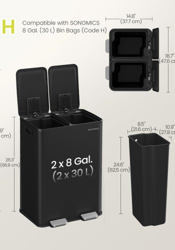 SONGMICS K&ouml;ksavfallshink, 2 x 30 l pedalhinkar med dubbla fack, mjukst&auml;ngande lock och innerhinkar, st�l, inklusive 15 p�sar, bl&auml;cksvart LTB741B02
