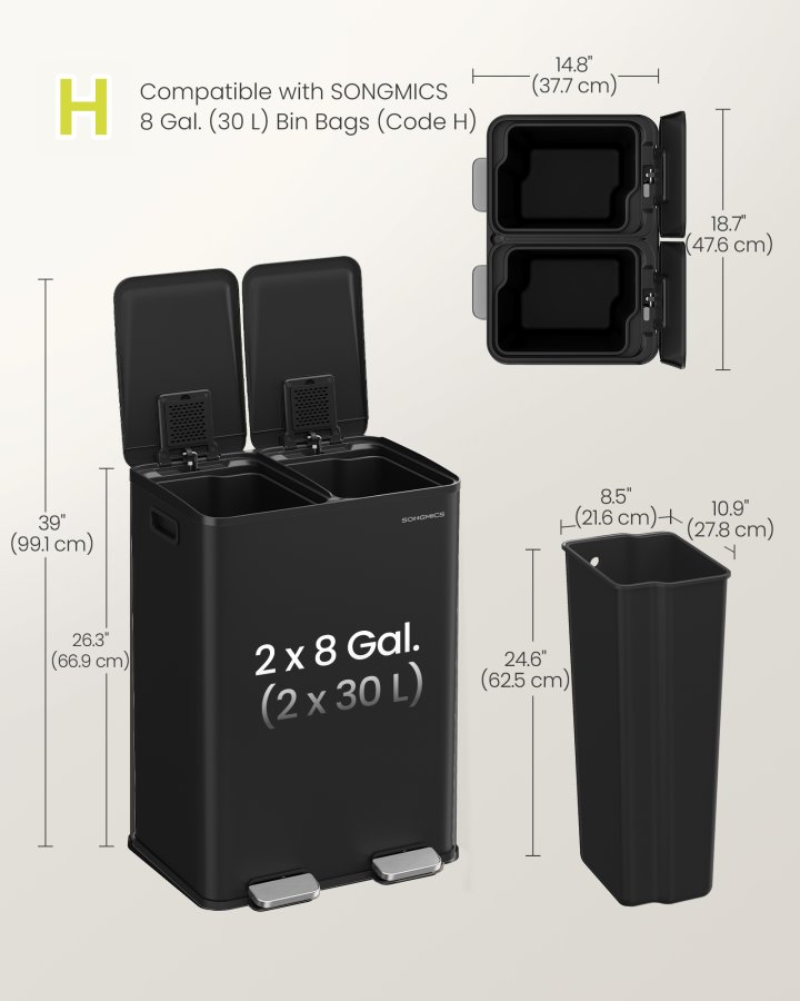 SONGMICS K&ouml;ksavfallshink, 2 x 30 l pedalhinkar med dubbla fack, mjukst&auml;ngande lock och innerhinkar, st�l, inklusive 15 p�sar, bl&auml;cksvart LTB741B02